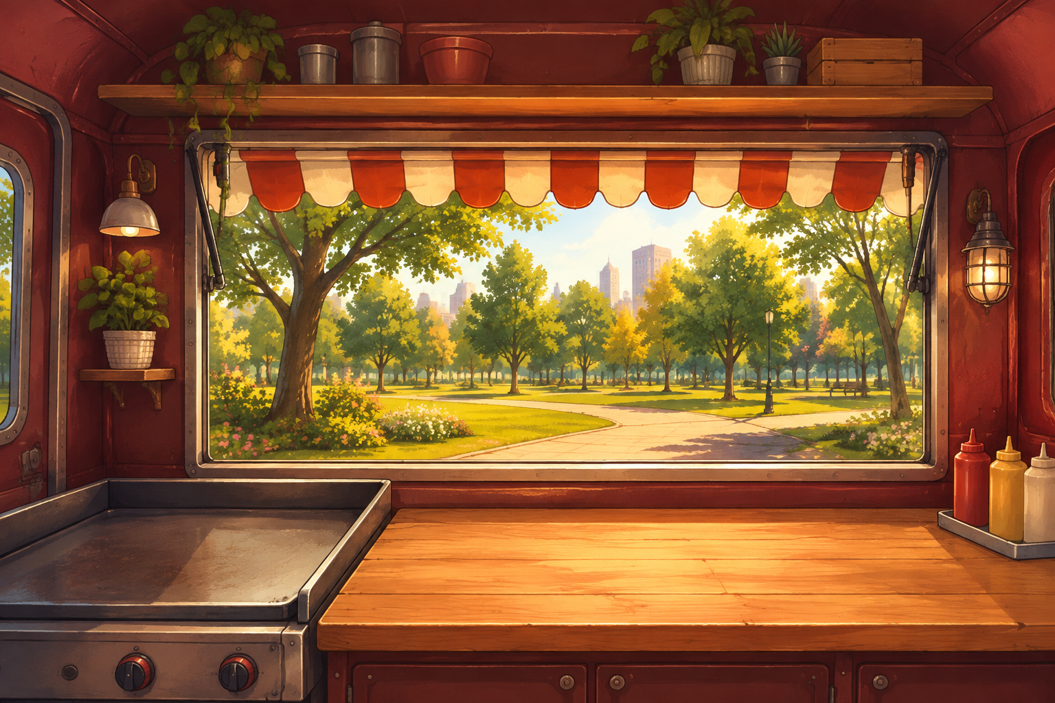 Illustrated truck interior: serving window, hot grill and a wooden prep counter